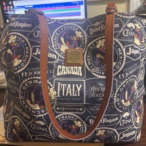 Dooney & Bourke Navy and Brown Travel Print Tote